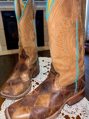 Patchwork Leather Western Cowboy Boots with Turquoise Accents